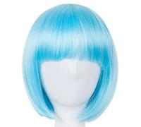 Perruque de Cosplay synthétique courte et ondulée résistante à la chaleur pour déguisement d'Halloween, carnaval, cheveux verts, frange plate, postiche pour femme, bleu, 30,5 cm