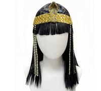 Perruque de déguisement de la reine égyptienne Cléopâtre, cheveux noirs synthétiques droits de 30 cm avec frange, bonnet à boucle résistant à la chaleur, accessoire de costume de thème de célébrité po