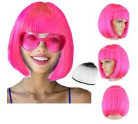 Perruque de fête avec bonnet et lunettes de soleil, perruque de cheveux courts au carré pour cosplay, lunettes de soleil en forme de cœur pour cadeaux de fête fluo, Halloween, fête (rose)
