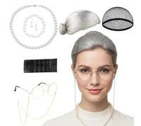 Perruque de grand-mère grise 18 pièces pour costume de grand-mère - Perruque grise pour femme avec accessoires - Perruque grise pour femme - Pour Halloween, théâtre et cosplay
