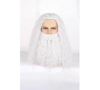 Perruque de magicien à barbe longue bouclée blanche pour costume d'Halloween
