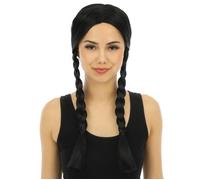 P'TIT CLOWN - 81800 - Perruque Mercredi - Deux Longues Tresses - Cheveux Synthétiques - Parfaite pour Déguisement Halloween, Carnaval, Fêtes Costumées et Évènements à Thème - Sans Colle - Noir