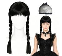 Perruque de mercredi en cheveux humains avec frange, longue perruque tressée noire, pour cosplay, cosplay, mercredi, pour femme, fête, cadeau, Halloween, cosplay