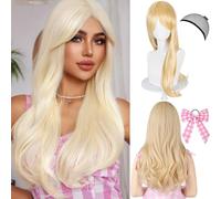 Perruque de princesse pour femme et fille - Perruque longue ondulée avec filet à cheveux et nœud - Perruque de cosplay pour femme et fille - Pour carnaval, Halloween, carnaval, fête