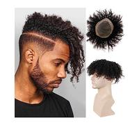 Perruque de remplacement Toupet crépus bouclés for hommes noirs Système de remplacement cheveux humains Remy Mono Lace avec PU autour 1B # Off Black Respirant Afro Curl Hommes Unité Quotidienne(7x9)