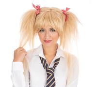 Perruque De Scolaire Blonde Avec Noeuds Rouges En Pigtails Pour Adultes