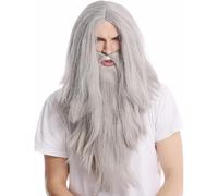 Perruque de sorcier grise et longue barbe - Perruques de costume d'Halloween, longue perruque grise droite pour hommes et femmes, perruque de magicien sorcier pour hommes, Halloween, Carnaval