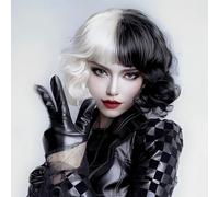 Perruque demi-noire, demi-blanche, courte, bouclée, avec bonnet de perruque, Cruella Deville, perruque de cosplay pour Halloween, déguisement, carnaval et fête cosplay