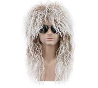 Perruque des années 80, marron foncé, cheveux longs et bouclés | Perruque de cosplay marron foncé résistant à la chaleur - Perruques mullet à poils longs pour homme C, B