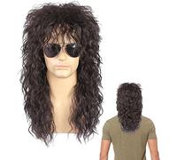 Perruque des années 80, marron foncé, cheveux longs et bouclés | Perruque de cosplay marron foncé résistant à la chaleur - Perruques Mullet pour homme A