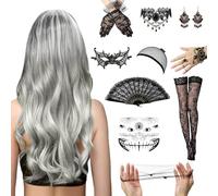 Perruque d'halloween pour Femme, Argent Bouclé Perruque Longue, Ombre Grise Longue Ondulée, Ensemble de Perruques Gothiques, Perruque de Sorcière, pour Halloween Costume Cosplay Quotidien