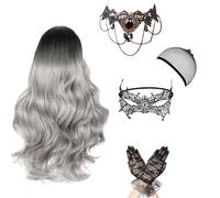 Perruque d'halloween pour Femme, Ombre Grise Longue Ondulée, Perruque de Sorcière, Collier Gothique, Masque Dentelle Gants, pour Halloween Cosplay Carnaval Mardi Gras