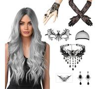 Perruque D'Halloween pour Femme, Perruque Grise Longues, Perruques de Gris Argenté Ondulée avec Accessoires Gothiques Collier, Bracelet pour Femmes, Halloween, Carnaval, Cosplay Fête (A)