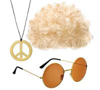 Perruque Disco et lunettes de soleil - Lunettes de soleil et chaîne hippie pour hommes | 70s Disco Accessoires pour hommes, perruques afro élastiques, 3 pièces Halloween Cosplay Props