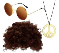 Perruque disco et lunettes de soleil - Pp Ensemble d'accessoires de costume hippie pour homme | Accessoires disco des années 70 pour homme, perruques afro élastiques, 3 accessoires de cosplay