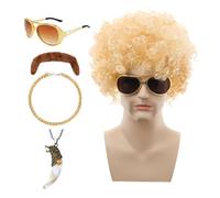 Perruque disco masculine - Ensemble de perruques disco - 5 pièces - Accessoire de fête disco - Comprend perruque, moustache, chaîne hip-hop, lunettes de soleil, collier