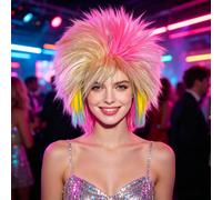 Perruque disco shaggy, perruque volumineuse colorée à paillettes, style dégradé rose-jaune, perruque punk rock des années 70 et 80, perruque synthétique droite brillante et volumineuse à mèches, longu