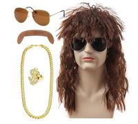 Perruque disco vintage pour homme - Style rétro hippie - Costume de fête - 5 pièces - Perruque classique hippie avec longs cheveux bouclés - Tenue disco afro avec moustache