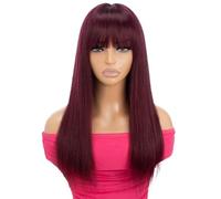 Perruque droite à la mode avec frange, cheveux humains 3x1, perruque de cuir chevelu en dentelle for femmes, perruques sans colle Wear and Go(Burg red,14 inch)