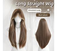 Perruque droite brune longue avec reflets dorés pour femmes, 26pouces de cheveux synthétiques droits avec frange. Cheveux synthétiques très doux et résistants à la chaleur. Perruque complète et belle 