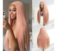 Perruque droite extra longue 13x4 Perruque frontale en dentelle 30 pouces avec cheveux bébé sans colle Couleur naturelle pour usage quotidien, déguisement, Fibre synthétique importée du Japon, Cadeau