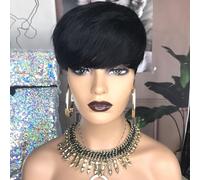 Perruque en cheveux humains coupe lutin de 6 pouces, perruque entièrement fabriquée à la machine, perruque sans colle, perruque en couches avec frange pour un usage quotidien des femmes.(Black)