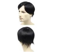 Perruque en cheveux humains for hommes, 15 cm (6 pouces), noire naturelle, lisse, base en soie, densité 120. Hairline Fine(15x28cm)