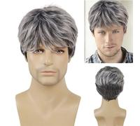Perruque en cheveux Perruque de Cosplay synthétique naturelle résistante à la chaleur for homme, perruque courte bouclée noire mélangée de cheveux gris for homme, perruque cadeau for père Perruque pou