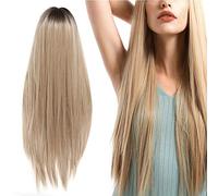 Perruque en dentelle avec frange longue, cheveux blonds droits en fibres synthétiques résistantes à la chaleur 70 cm