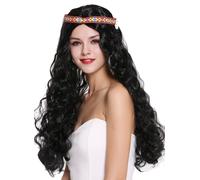 Perruque Enfant de Fleur Hippie 60s 70s Long Noir Ondulées Crête Moyen Bandeau