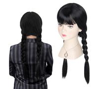 Perruque enfant,Perruque Tressée Noire,Perruque Mercredi Addams,Perruque avec Frange,Perruques pour filles pour le jeu de rôle de la mascarade