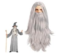 Perruque et Barbe de Magicien Grises pour Hommes, Ensemble Longue Barbe Grise Perruque pour Costume Homme Fête Cosplay Halloween (Gris)