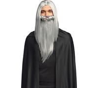 Perruque et barbe de magicien pour adultes grise