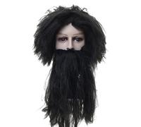 Perruque Et Barbe Primitives, Perruque Bouclée Multicouches Pour Homme, Fausse Barbe Sorcier, Accessoires De Déguisement Idéal Pour Halloween Et Les Jeux Rôle De Noël (Noir)
