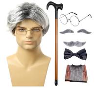 Perruque et moustache de grand-père, ensemble de perruques de vieil homme - Kit de costumes de grand-père 8 pièces/ensemble | Lunettes de canne, faux sourcils, moustache, nœud papillon, bonnet de perr
