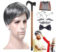 Perruque et moustache de grand-père, ensemble de perruques de vieil homme,Kit de costumes de grand-père 8 pièces/ensemble | Lunettes de canne, faux sourcils, moustache, nœud papillon, bonnet de perruq
