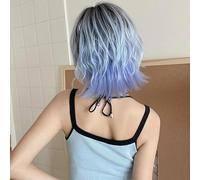 Perruque Femme 32Cm Cheveux Courts À La Mode Partie Centrale Bleu Glace Pleine Tête Pleine Tête Cheveux Courts Bouclés