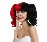 Perruque Femme Arlequin Lolita Cosplay Court 2 Long Ondulés Pigtails Noir Rouge