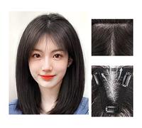 Perruque Femme Bangs Wig Piece Full Real Human Hair Patch Fluffy Augmenter le volume des cheveux Fluffy Cover Cheveux gris Perruques pour Femmes Morceau de Cheveux(13-(8-10)25CM-black)