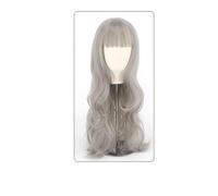 Perruque Femme Cheveux Longs Bouclés Grande Vague Air Frange Perruque Ensemble Casque Complet Gris