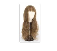 Perruque Femme Cheveux Longs Bouclés Grande Vague Air Frange Perruque Ensemble Casque Complet Marron Clair