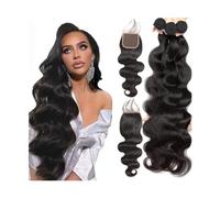 Perruque Femme Faisceaux de cheveux humains ondulés avec fermeture, 3 ou 4 paquets de cheveux bouclés ondulés avec fermeture en dentelle partie libre tissage de cheveux humains brésiliens couleur natu