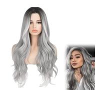 Perruque Femme Gris Argenté, Longue Ombre Wavy Gris Noir, Pour Carnaval, Ombre Silver Grey Longue Curly Grey Ombre Wigs,Halloween, Fancy Dress, Theme Party, Cosplay Wigs,27.5 inches