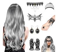 Perruque Femme Halloween - Perruque Bouclée Argentée-Grise de 70cm avec Collier Gothique, Gants en Dentelle, Boucles d’Oreilles, Perruque de Sorcière Gothique pour Carnaval, Fêtes à Thème & Cosplay