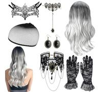 Perruque Femme Halloween, Perruques de Carnaval pour Femmes, 70cm Grise Perruque de Sorcière Gothique avec Collier Gothique, Gants en Dentelle, Boucles d’Oreilles