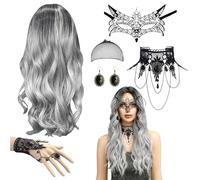 Perruque Femme Halloween, Set De 6 Perruque Grise Halloween Femme, 70cm Long Wavy Silver Grey Wig, Ombre Grise Longue Ondulée,pour Halloweens Carnaval Cosplay Party