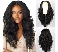 Perruque Femme Lace Front Wig Noir Partie Moyenne Fluffy Longs Cheveux Bouclés Fibre Synthétique Capuchon Complet pour Femmes Noires Blanches Quotidien Cosplay Party