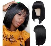 Perruque Femme Naturelle Brésilien Droite De Cheveux Humain Avec Frange Sans Colle Straight Bob Wig With Bangs Human Hair Glueless Wig No Lace Straight Perruque Femme Courte Noir Naturel 12 Pouces