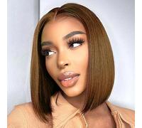 Perruque Femme Naturelle Brésilien Light Brown Pre Cut Lace Glueless Wig Human Hair, Perruque Cheveux Humain Sans Colle 180% Densité 4x4 Straight Bob Lace Wig Human Hair For Black Women 12 Pouces