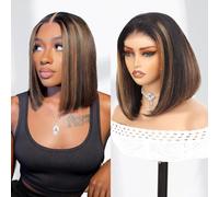 Perruque Femme Naturelle Highlight 1B/30 Pre Cut Lace Glueless Wig Human Hair, Perruque Brésilien Cheveux Humain Sans Colle 180% Densité 4x4 Straight Bob Lace Wig Human Hair For Black Women 12 Pouces